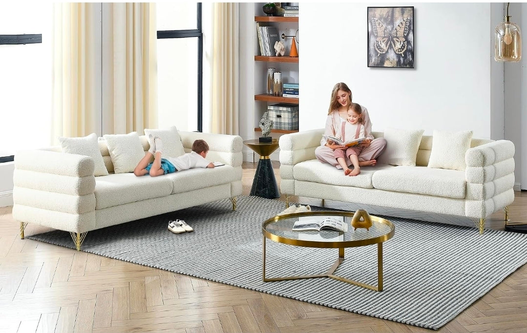 2-Piece Cloud Sofa Set – Teddy Bouclé with Gold Legs