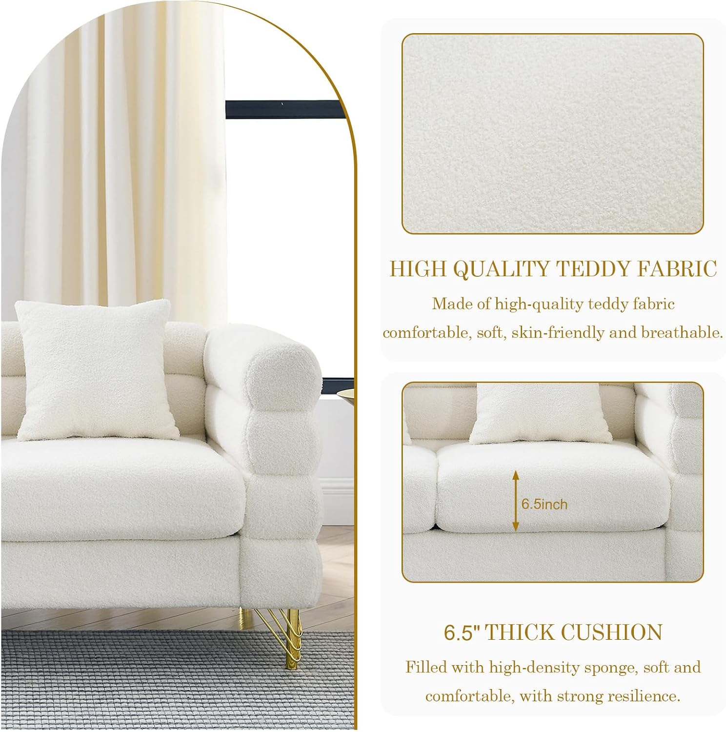 2-Piece Cloud Sofa Set – Teddy Bouclé with Gold Legs