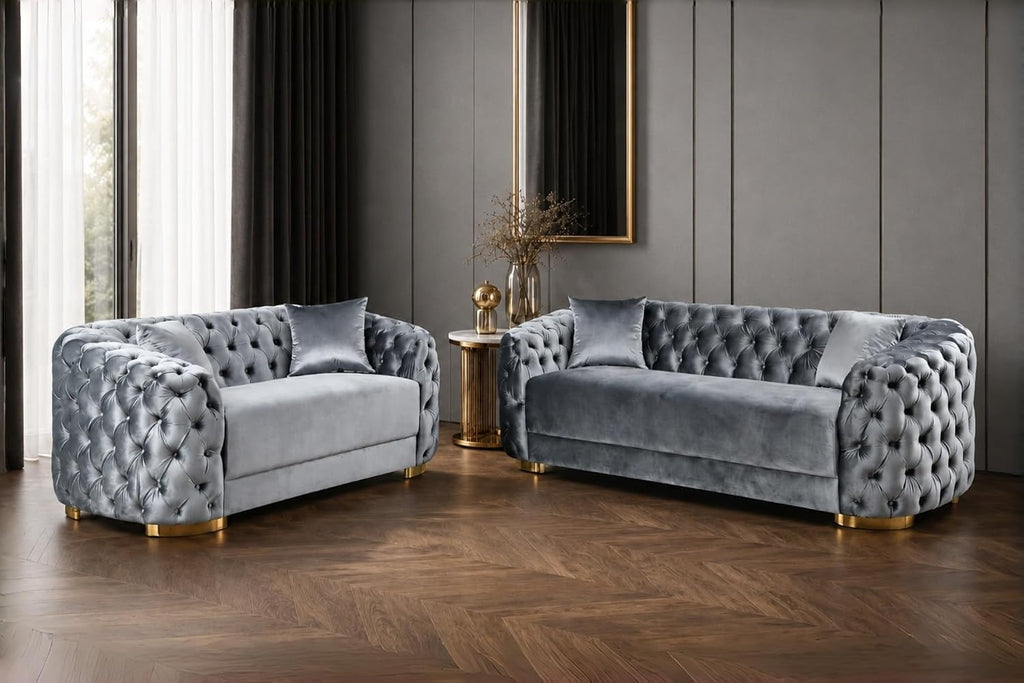 2 piece Luxury Velvet Chesterfield Sofa & Loveseat for Living Room