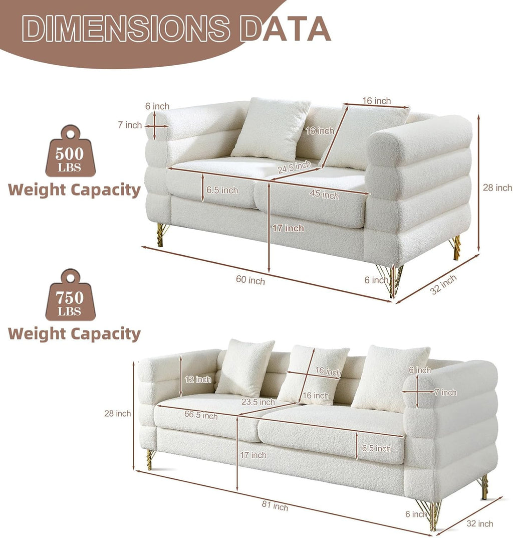 2-Piece Cloud Sofa Set – Teddy Bouclé with Gold Legs