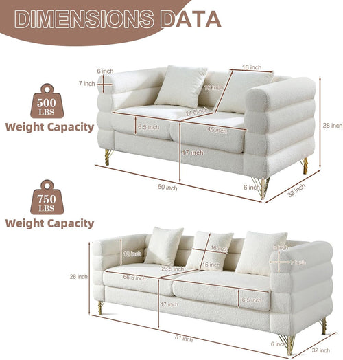 2-Piece Cloud Sofa Set – Teddy Bouclé with Gold Legs