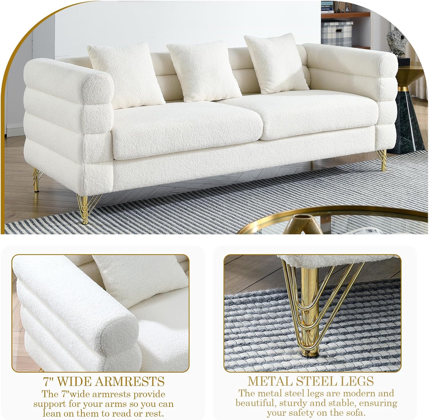 2-Piece Cloud Sofa Set – Teddy Bouclé with Gold Legs