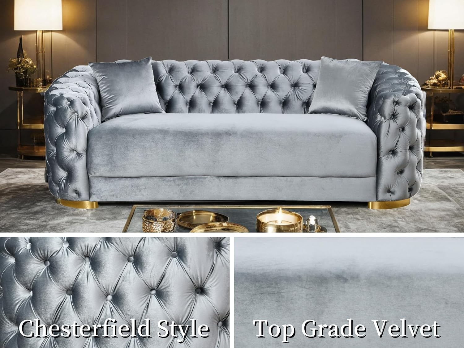 2 piece Luxury Velvet Chesterfield Sofa & Loveseat for Living Room
