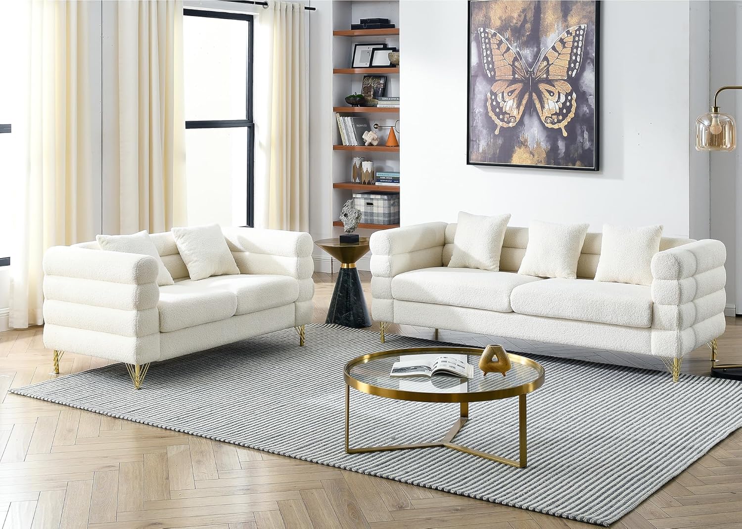 2-Piece Cloud Sofa Set – Teddy Bouclé with Gold Legs