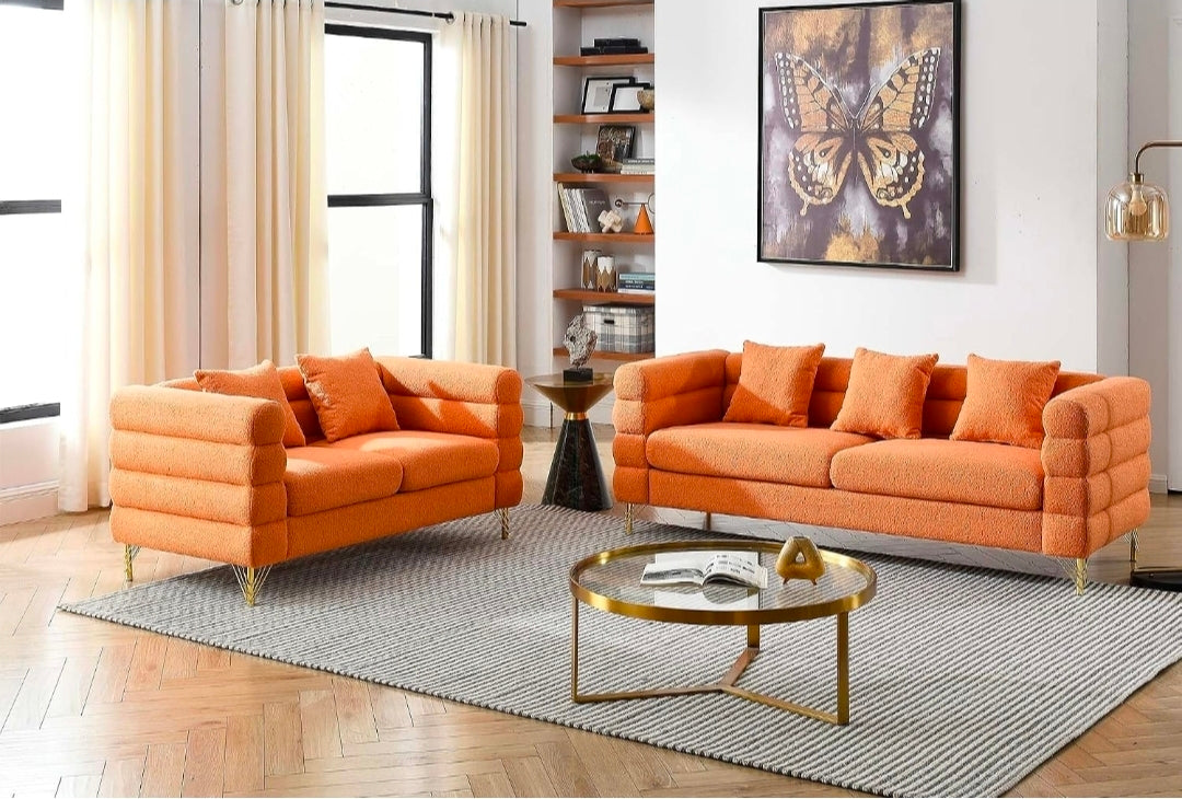 2-Piece Cloud Sofa Set – Teddy Bouclé with Gold Legs
