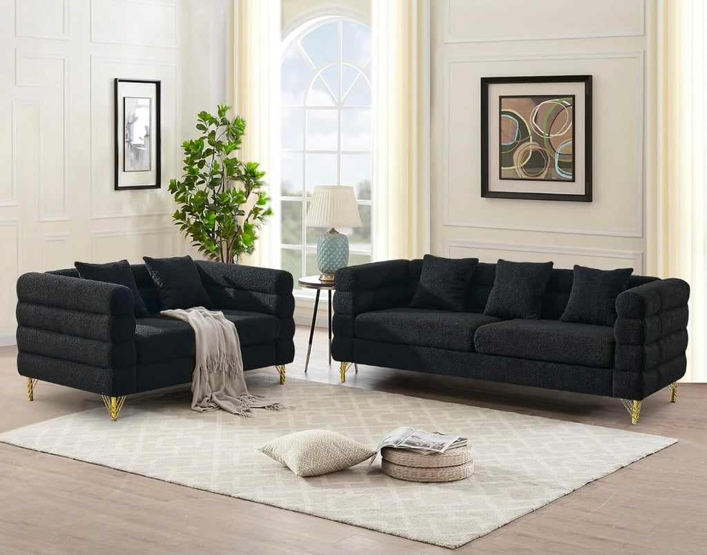 2-Piece Cloud Sofa Set – Teddy Bouclé with Gold Legs