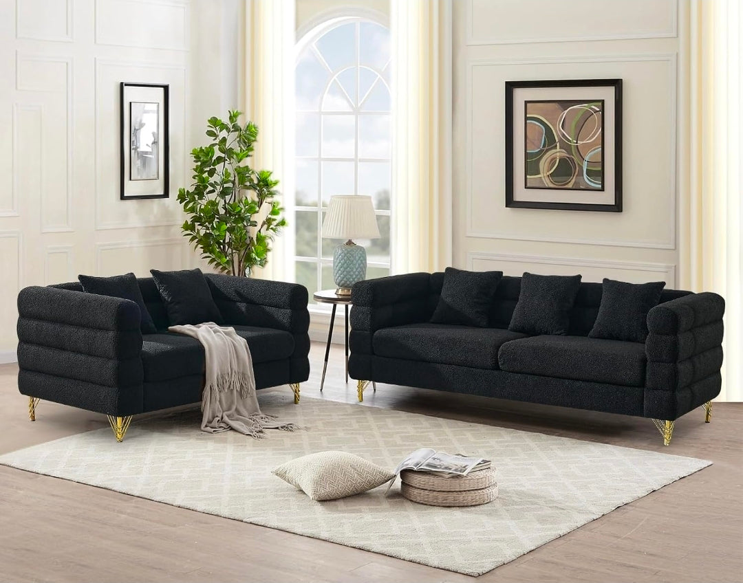 2-Piece Cloud Sofa Set – Teddy Bouclé with Gold Legs
